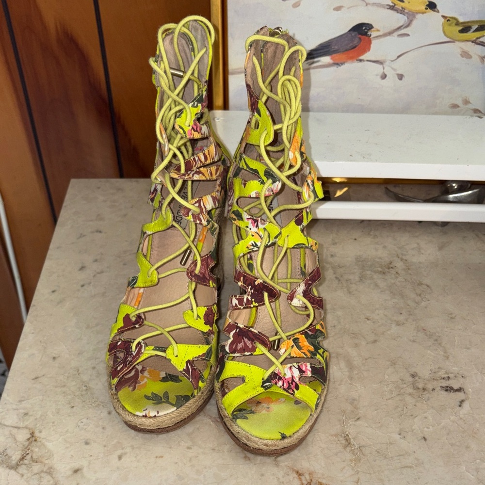 Steve Madden Neon Yellow Floral Lace-Up Gladiator Sandals